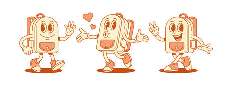 Cute cheerful schoolbag backpack cartoon character set isometric vector illustration. Smiling comic school bag pupil education minimalist mascot hi hello welcome greeting heart love likeのイラスト素材