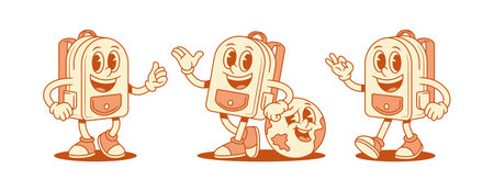 Smiling cheerful schoolbag backpack cartoon character set isometric vector illustration. Happy positive school bag pupil education minimalist mascot hi hello greeting welcome globe geography studyingのイラスト素材