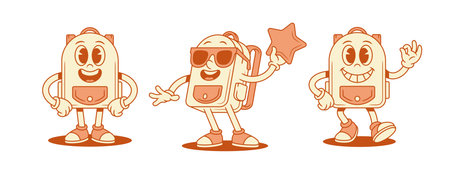 Cool smiling schoolbag backpack cartoon character set isometric vector illustration. Funky happy school bag pupil education minimalist mascot hi hello greeting standing with star in sunglassesのイラスト素材