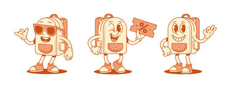 Funky cool schoolbag backpack cartoon character set isometric vector illustration. Smiling positive school bag pupil education minimalist mascot in sunglasses ok okay shopping sale discountのイラスト素材