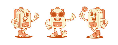 Cheerful cool schoolbag backpack cartoon character set isometric vector illustration. Smiling funky school bag pupil education studying in sunglasses thumb up with chamomile flowerのイラスト素材