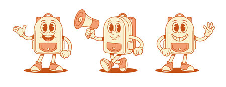Smiling cute schoolbag backpack cartoon character set isometric vector illustration. Happy cheerful school bag student studying minimalist mascot hi hello greeting presenting advertising megaphoneのイラスト素材