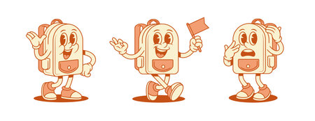 Funny cheerful schoolbag backpack cartoon character set isometric vector illustration. Smiling cute school bag pupil education minimalist mascot hi hello greeting scared walking with flagのイラスト素材
