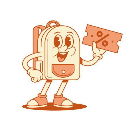 Smiling cute schoolbag backpack cartoon character shopping sale isometric vector illustration. Happy comic school bag student studying education minimalist mascot discount Black Friday voucherのイラスト素材