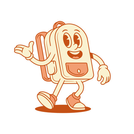 Happy cheerful schoolbag backpack cartoon character hi hello isometric vector illustration. Smiling positive school bag pupil education studying minimalist mascot welcome greeting waving handのイラスト素材