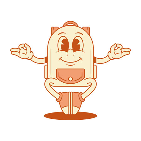 Smiling schoolbag backpack cartoon character yoga meditation isometric vector illustration. Happy cheerful positive school bag education minimalist mascot lotus namaste relax life balance mindfulnessのイラスト素材