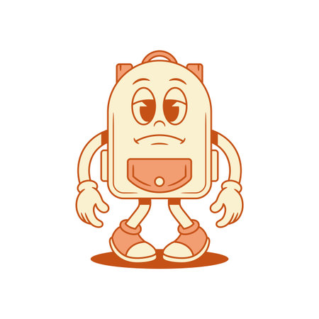 Tired upset schoolbag backpack cartoon character isometric vector illustration. Unhappy sad school bag student studying education minimalist mascot feel tiredness no powers frustration emotionのイラスト素材