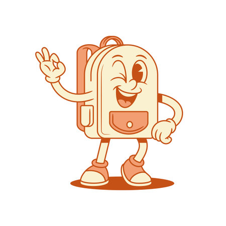 Funky comic schoolbag backpack cartoon character okay gesture isometric vector illustration. Smiling cheerful happy school bag pupil education minimalist mascot winked ok good gesturingのイラスト素材
