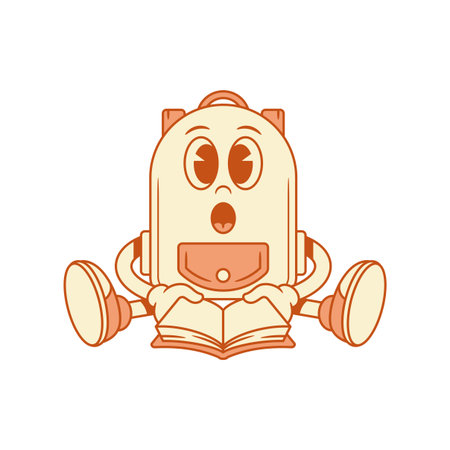 Astonished schoolbag backpack cartoon character reading book isometric vector illustration. Surprised shocked school bag pupil studying education minimalist mascot learning literature textbookのイラスト素材