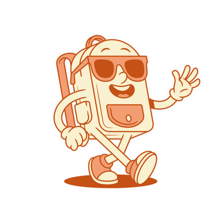 Cool smiling schoolbag backpack cartoon character isometric vector illustration. Happy cheerful school bag pupil education minimalist mascot walking in sunglasses greeting hi hello waving handのイラスト素材