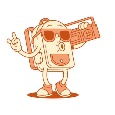 Cool schoolbag backpack cartoon character retro music player isometric vector illustration. Funky comic school bag pupil education minimalist mascot in sunglasses disco party audio musical soundのイラスト素材