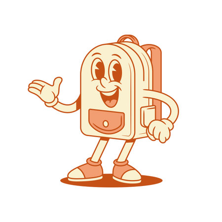 Cheerful cute schoolbag backpack cartoon character presenting isometric vector illustration. Smiling happy school bag pupil education minimalist mascot showing presentation promoのイラスト素材