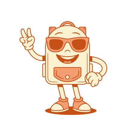 Happy cool schoolbag backpack cartoon character in sunglasses isometric vector illustration. Smiling comic school bag pupil education minimalist mascot in summer eyeglasses peace gestureのイラスト素材