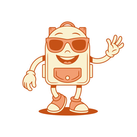 Smiling schoolbag backpack cartoon character in sunglasses isometric vector illustration. Happy cool school bag pupil education minimalist mascot in eyeglasses waving hand greeting hi hello welcomeのイラスト素材