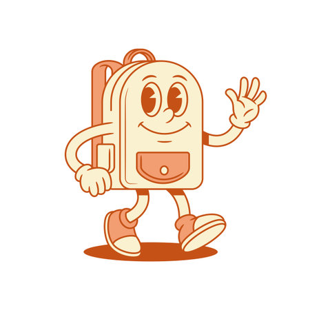 Cute funny schoolbag back to school cartoon character greeting isometric vector illustration. Smiling happy backpack bag pupil education mascot walking having fun welcome hi hello waving handのイラスト素材