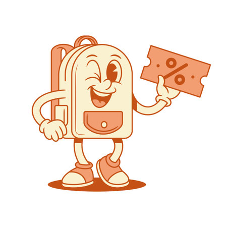 Comic schoolbag back to school cartoon character shopping sale isometric vector illustration. Funky smiling backpack bag student studying minimalist mascot shop store discount Black Fridayのイラスト素材