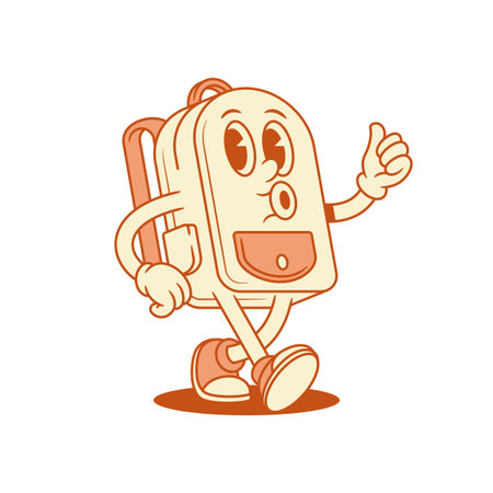 Funny schoolbag back to school cartoon character walking isometric vector illustration. Cheerful comic backpack bag student studying education minimalist mascot whistling cool thumb up good recommendのイラスト素材