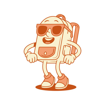 Funky cool schoolbag back to school cartoon character in sunglasses isometric vector illustration. Smiling happy backpack bag pupil education studying minimalist mascot in stylish summer eyeglassesのイラスト素材