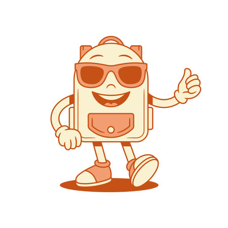 Funny schoolbag back to school cartoon character in sunglasses isometric vector illustration. Smiling cheerful backpack bag pupil education studying minimalist mascot in summer eyeglasses cool goodのイラスト素材