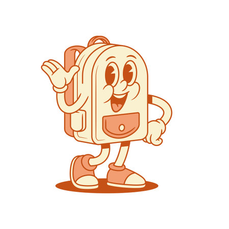 Happy schoolbag back to school cartoon character hello isometric vector illustration. Smiling cute cheerful backpack bag student studying minimalist mascot friendly greeting hi positive waving handのイラスト素材