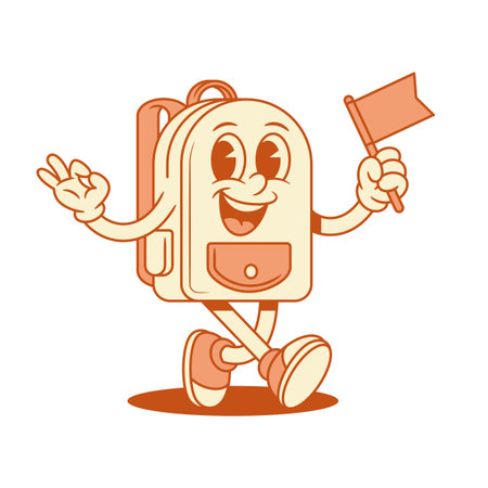 Comic schoolbag back to school cartoon character with flag isometric vector illustration. Smiling cheerful backpack bag pupil education minimalist mascot walking with attention important signのイラスト素材