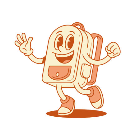 Overjoyed schoolbag back to school cartoon character motivation isometric vector illustration. Happy smiling backpack bag pupil education minimalist mascot rejoice jumping positive emotionのイラスト素材