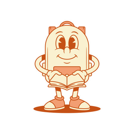 Smiling schoolbag back to school cartoon character with book isometric vector illustration. Happy positive backpack bag student studying education minimalist mascot reading textbook literature libraryのイラスト素材