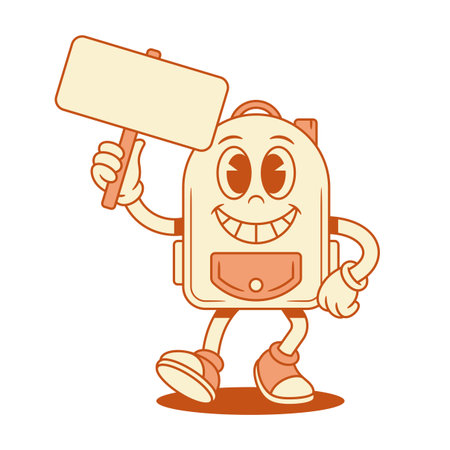 Smiling schoolbag back to school cartoon character with signboard isometric vector illustration. Happy cheerful backpack bag pupil education minimalist mascot with board announcement promo advertisingのイラスト素材