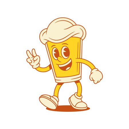 Funny beer glass cartoon character peace two fingers gesture mascot vector flat illustration. Cute comic foamy alcohol beverage greeting hand gesturing happy person face positive smilingのイラスト素材