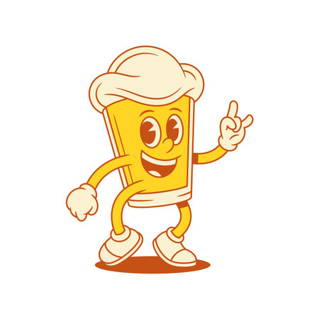 Comic beer glass cartoon character mascot rock gesture vector flat illustration. Funny foamy mail alcohol beverage with smiling face cool greeting gesturing with positive emotionのイラスト素材