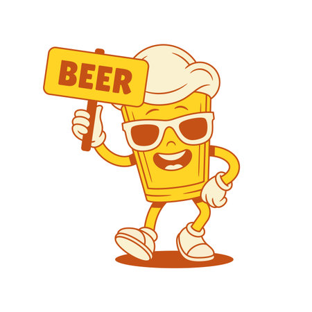 Beer glass cartoon character with signboard vector flat illustration. Comic cool malt foamy alcohol beverage in summer sunglasses and sign plate funky mascot stylish eyeglasses positive emotionのイラスト素材