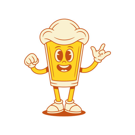 Comic beer glass cartoon character with rock gesture and fist vector flat illustration. Funny mascot malt foamy alcohol beverage person hand gesturing cute sticker printのイラスト素材