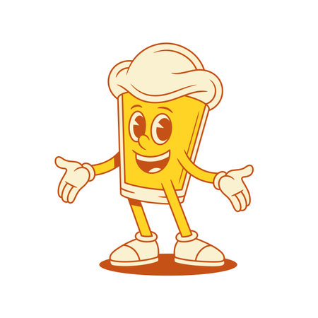 Comic beer glass cartoon character greeting open palms vector flat illustration. Funny cute malt foamy alcohol beverage mascot smiling congratulations hospitality friendly gestureのイラスト素材
