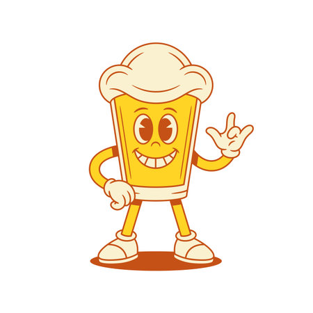 Smiling beer glass cartoon character with rock gesture vector flat illustration. Happy comic malt foamy alcohol beverage mascot showing cool gesturing with positive emotionのイラスト素材