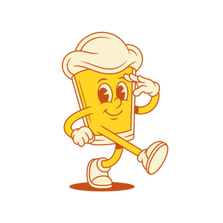 Comic beer glass cartoon character army march vector flat illustration. Funny malt foamy alcohol beverage mascot walking parade smiling positive emotion stickerのイラスト素材