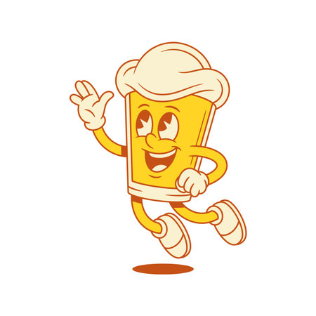 Smiling beer glass cartoon character flying greeting vector flat illustration. Happy comic malt foamy alcohol beverage mascot jumping waving hand hi hello with positive emotionのイラスト素材