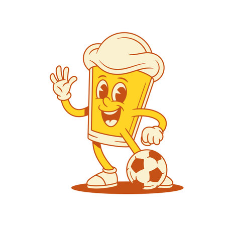 Comic beer glass cartoon character soccer with ball vector flat illustration. Funny adorable malt foamy alcohol beverage mascot football player team sport game with positive emotionのイラスト素材