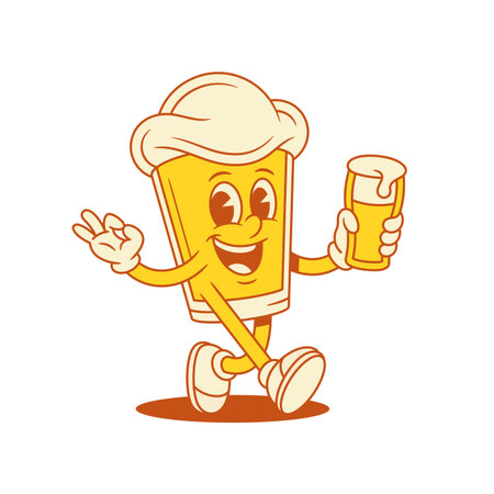 Comic beer glass cartoon character walking with cocktail vector flat illustration. Funny happy malt foamy alcohol beverage relaxing enjoying drink with positive emotionのイラスト素材