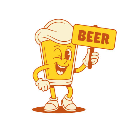 Smiling beer glass cartoon character with signboard vector flat illustration. Comic funny malt foamy alcohol beverage mascot showing sign refreshment summer drink bar pub partyのイラスト素材