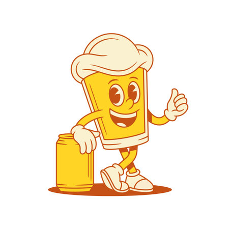 Funny beer glass cartoon character with can for party vector flat illustration. Comic adorable malt foamy alcohol beverage mascot with positive emotion for bar pub refreshment drinkのイラスト素材