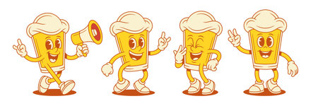 Funky beer glass cartoon character with positive emotion set vector flat illustration. Comic malt foamy alcohol beverage mascot smiling with megaphone promo rock peace greeting laughingのイラスト素材