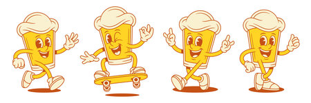Funky positive beer glass cartoon character smiling set vector flat illustration. Comic cute malt foamy alcohol beverage mascot riding skateboard greeting happy summer emoticonのイラスト素材