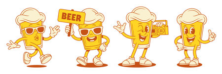 Cool funky beer glass cartoon character emoticon set vector flat illustration. Comic smiling malt foamy alcohol beverage mascot in sunglasses with signboard music player walking greeting positiveのイラスト素材