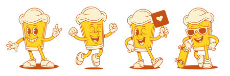 Comic beer glass cartoon character positive emoticon set vector flat illustration. Cute smiling malt foamy alcohol beverage mascot celebrate win skateboard sunglasses greeting like signboardのイラスト素材