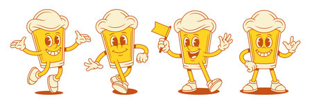 Positive beer glass cartoon character with legs and hands set vector flat illustration. Cute funny comic malt foamy alcohol beverage mascot walking smiling with flag jumping happy greetingのイラスト素材