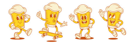 Cute comic beer glass cartoon character funny mascot set vector flat illustration. Adorable funky malt foamy alcohol beverage person flying riding skateboard greeting army parade positive emoticonのイラスト素材