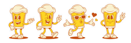 Funky happy beer glass cartoon character emoticon set vector flat illustration. Comic adorable malt foamy alcohol beverage mascot smiling peace greeting sunglasses love heartのイラスト素材