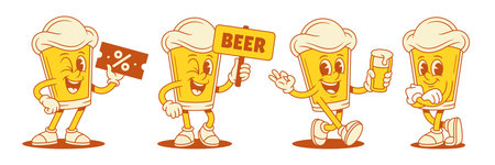Adorable smile beer glass cartoon character emoticon set vector flat illustration. Cute comic malt foamy alcohol beverage mascot with signboard shopping sale tag cocktail happy standingのイラスト素材