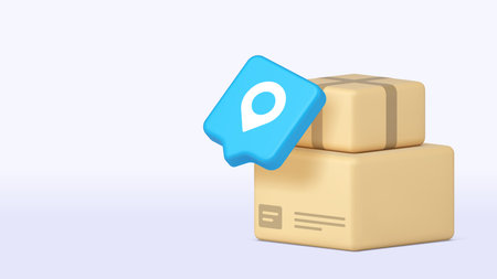 Two cardboard boxes with blue tracking pin represent logistics, package delivery, and global...