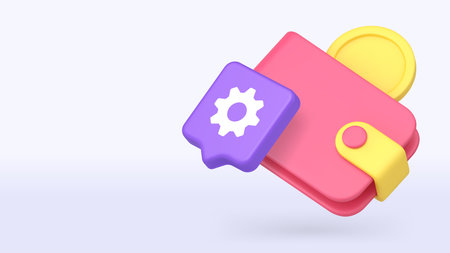 Wallet, coin, and gear icon expressing finance, banking, budgeting tools, and app interface for modern platforms. 3d realistic icon copy space banner vector illustrationのイラスト素材